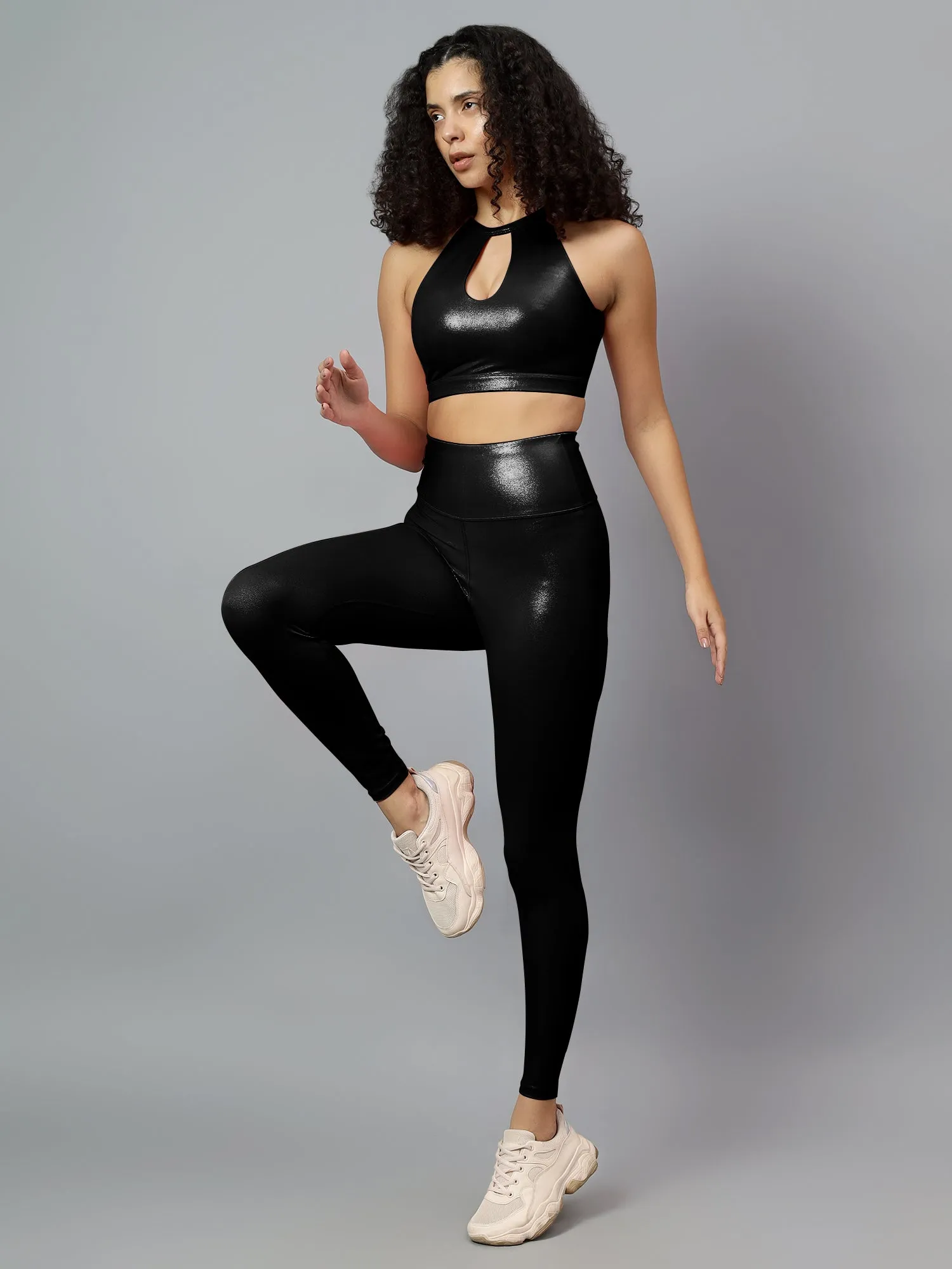 Fitkin Women's Black Shine On Halter Style Sports Bra