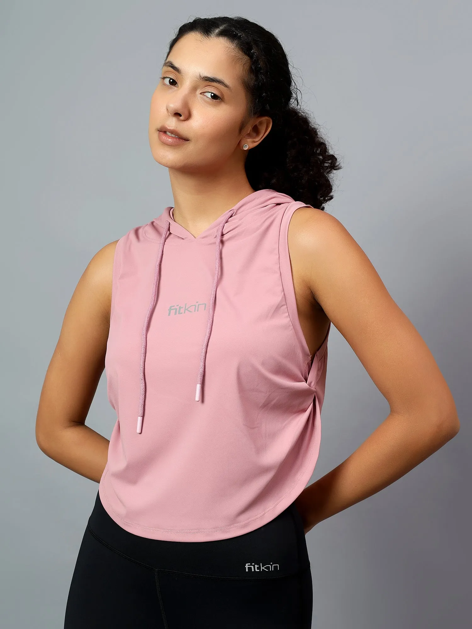 Fitkin Women's Pink Side Twist Hooded Top