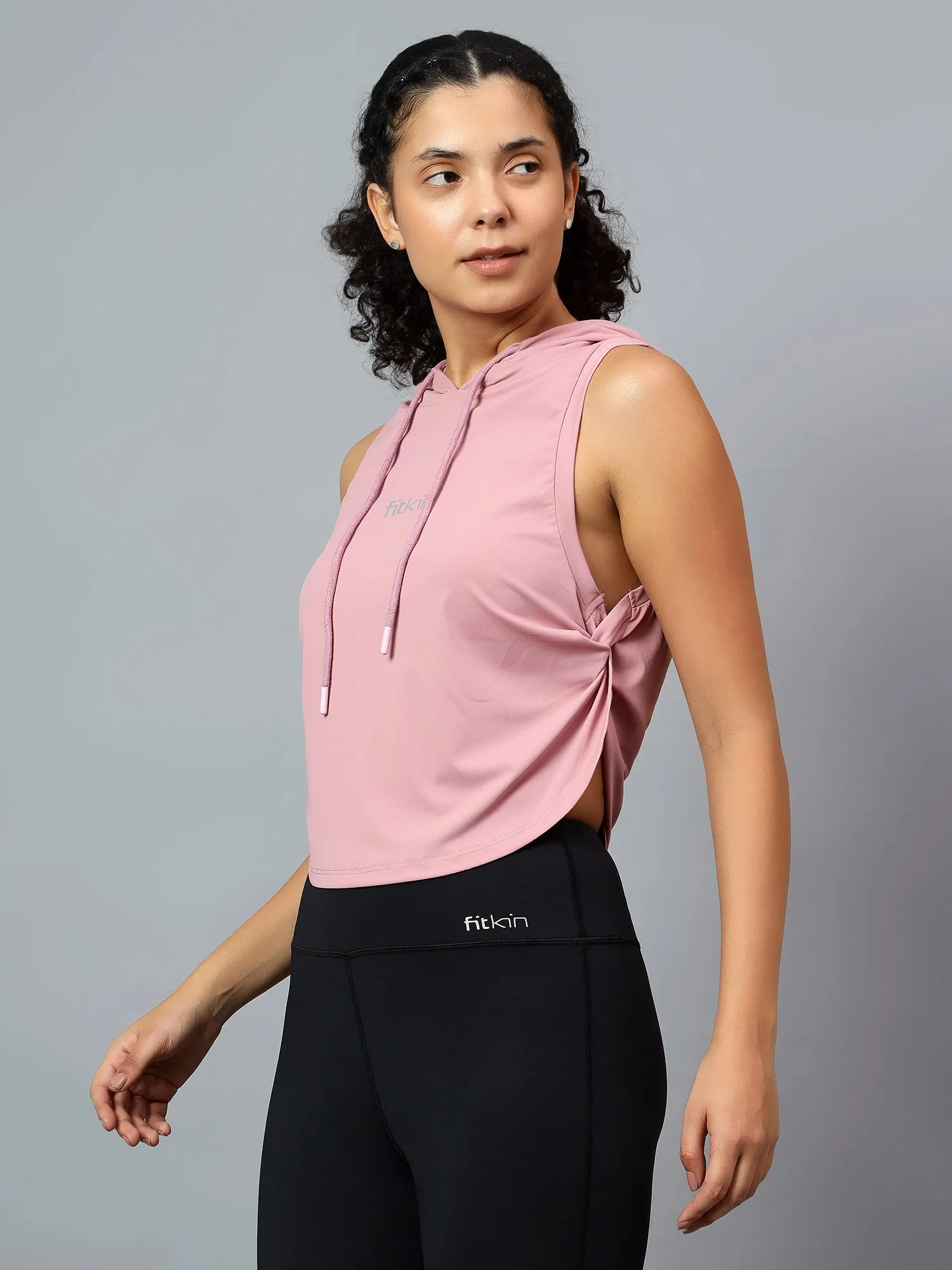 Fitkin Women's Pink Side Twist Hooded Top