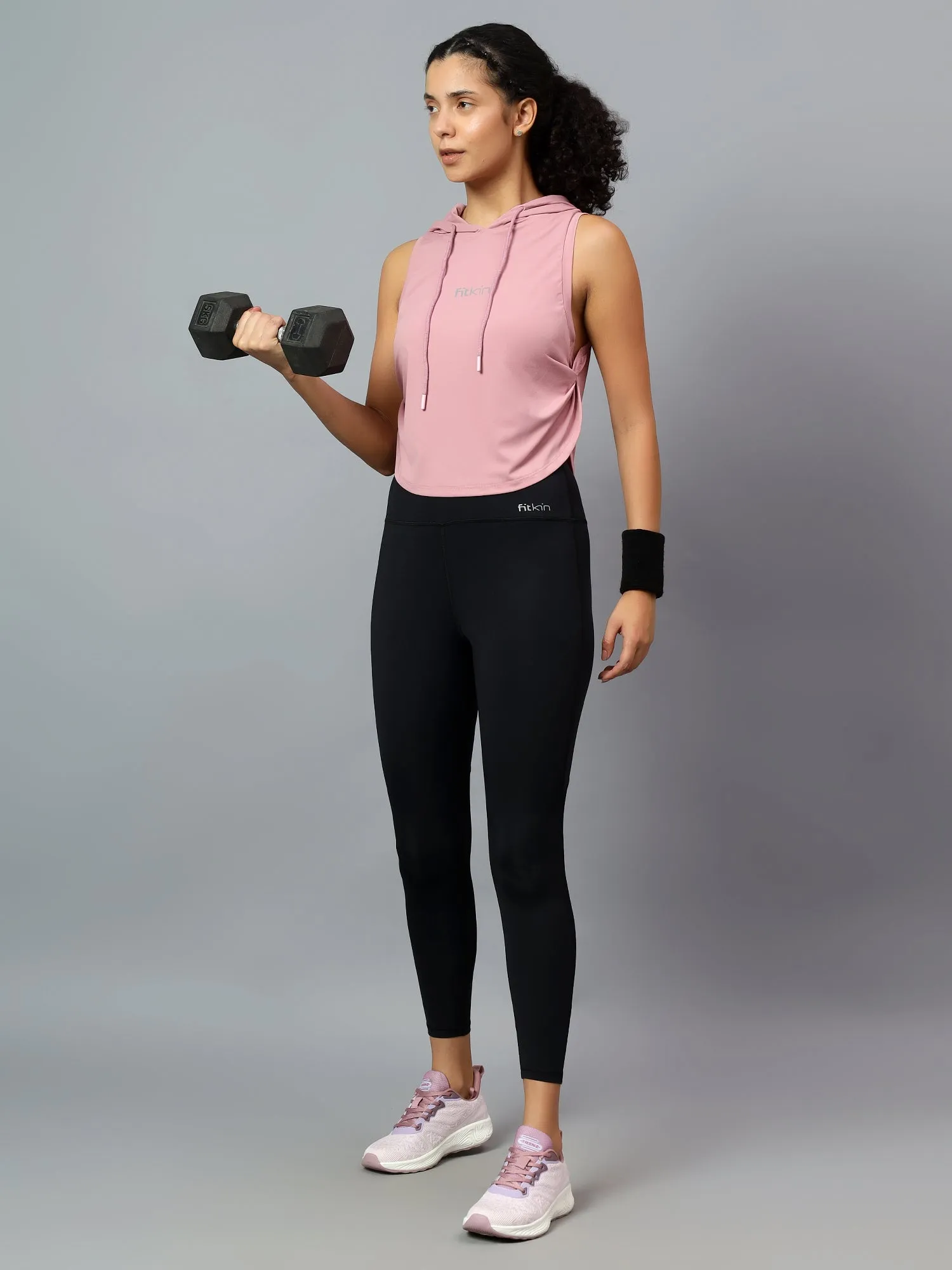 Fitkin Women's Pink Side Twist Hooded Top