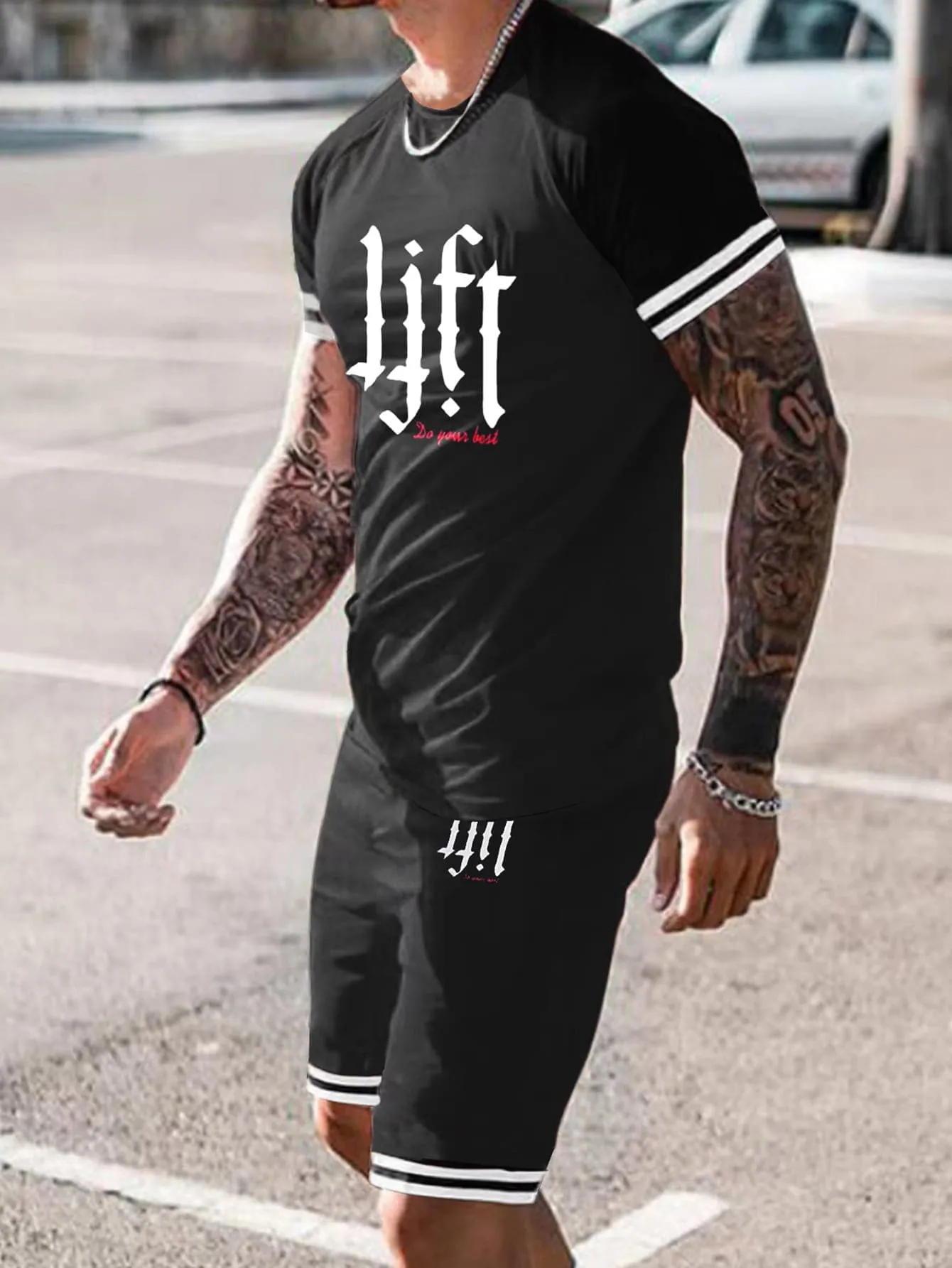 Fitness Men Slogan Graphic  Striped Trim Sports Tee & Shorts