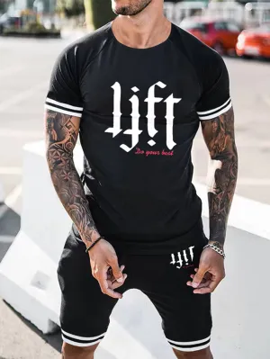 Fitness Men Slogan Graphic  Striped Trim Sports Tee & Shorts
