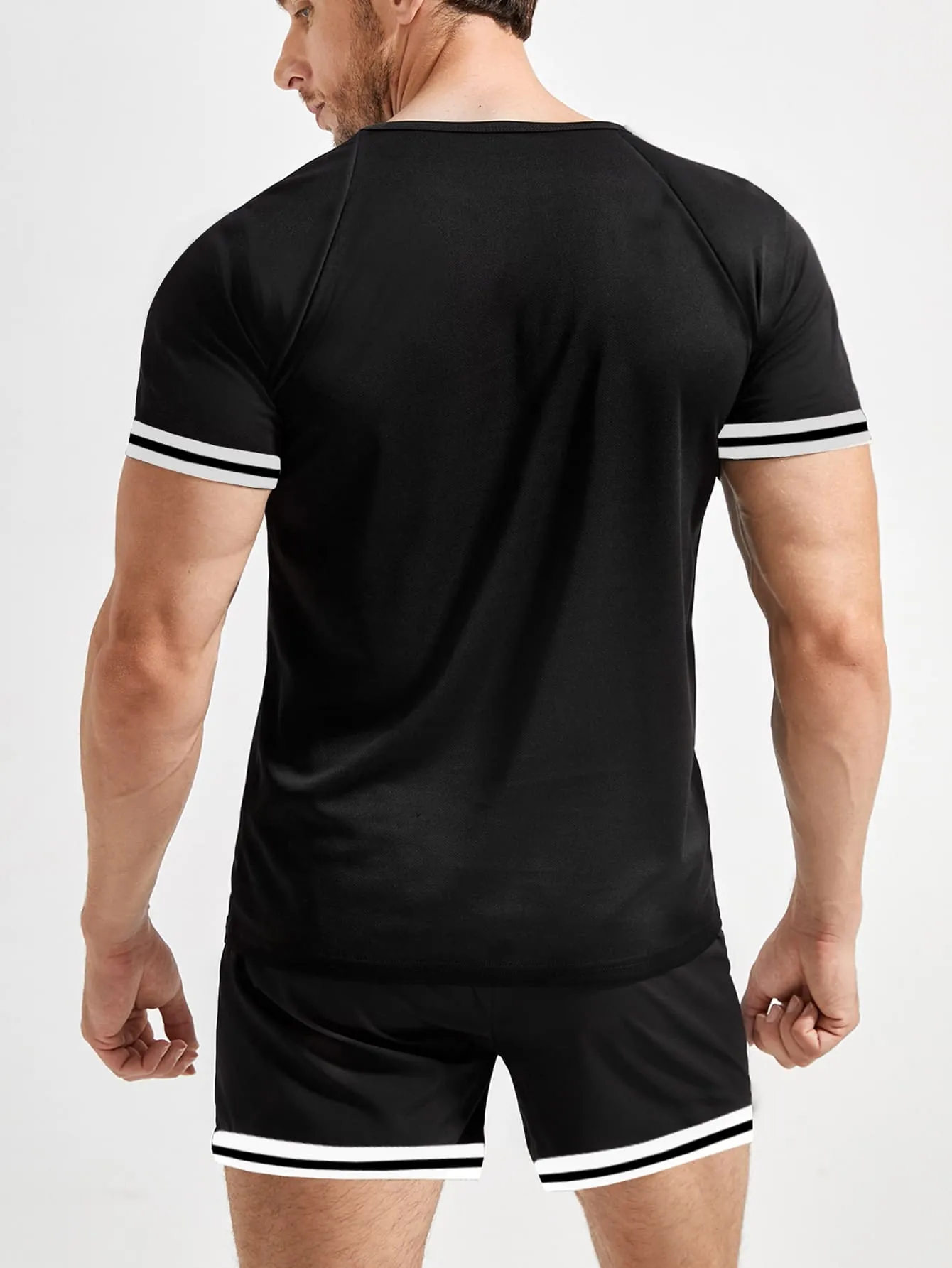 Fitness Men Slogan Graphic  Striped Trim Sports Tee & Shorts