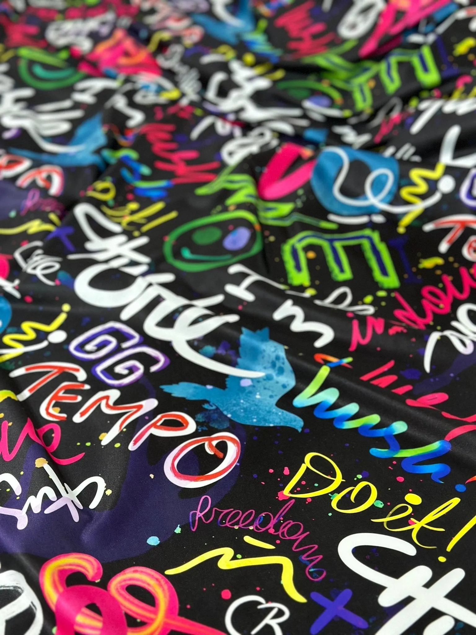 Graffiti Street Art Fabric - Neon Lettering  Urban Design on Black Background