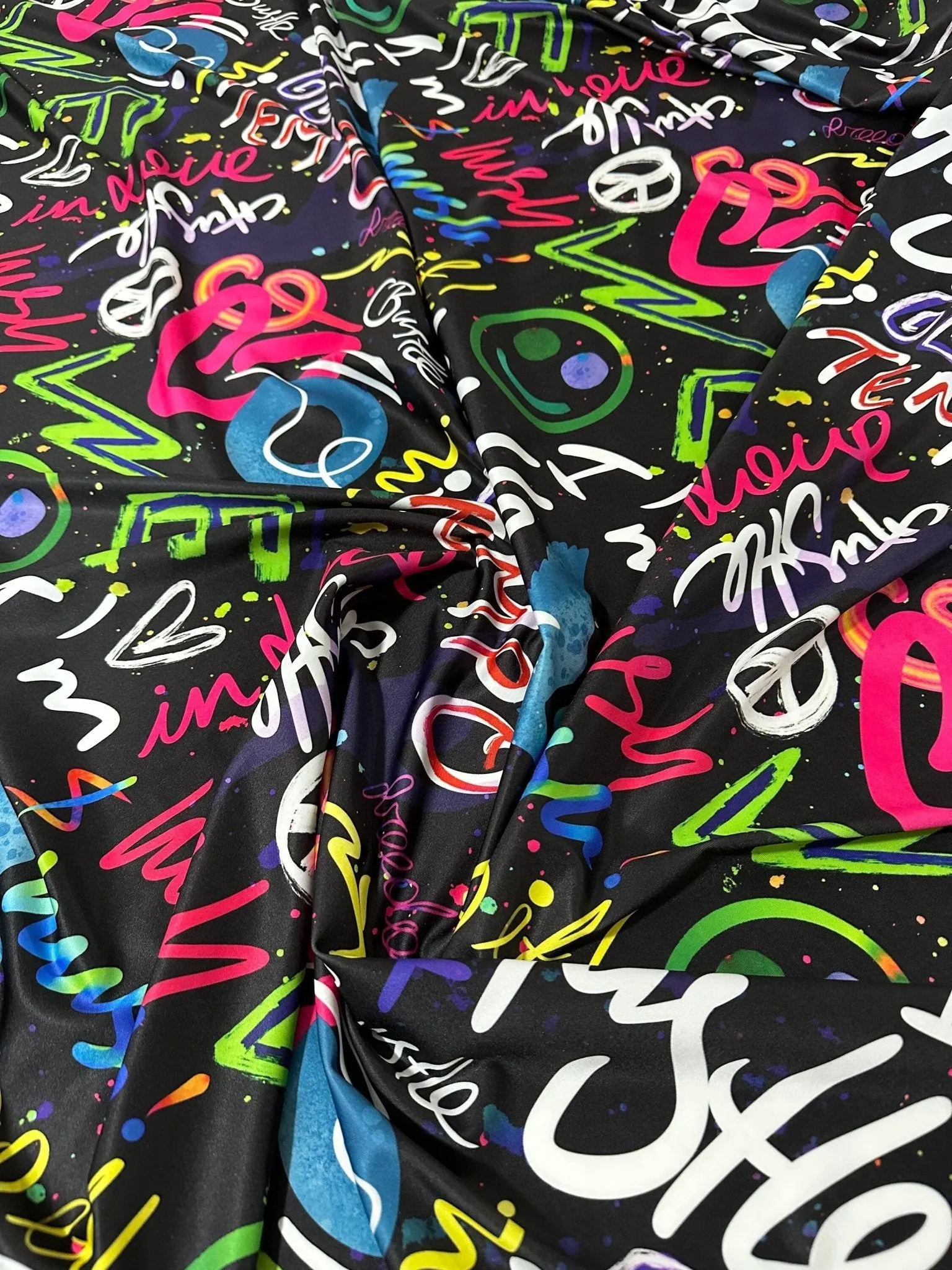 Graffiti Street Art Fabric - Neon Lettering  Urban Design on Black Background