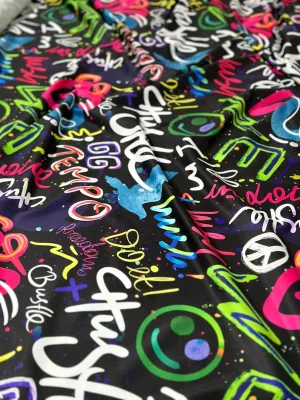 Graffiti Street Art Fabric - Neon Lettering  Urban Design on Black Background
