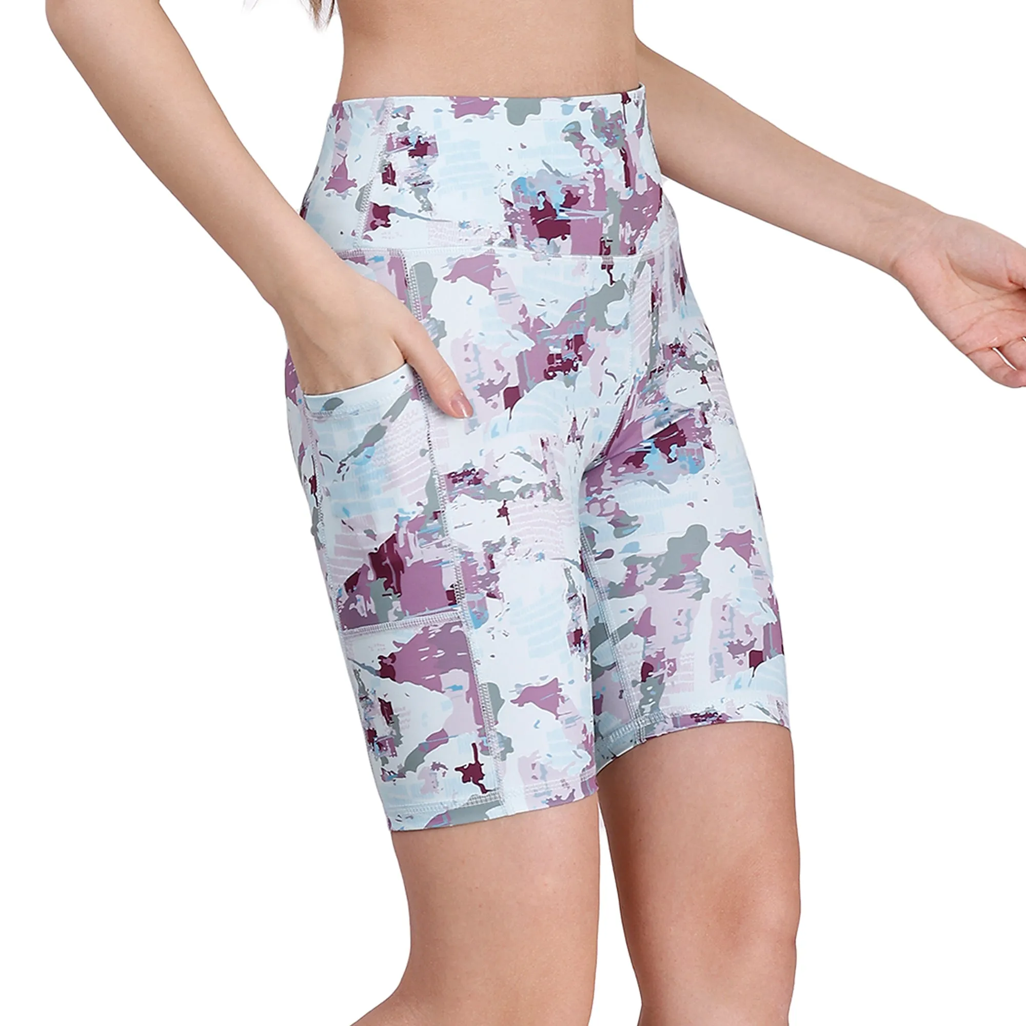 High Waist Knee Length Printed Sports Shorts With Pocket