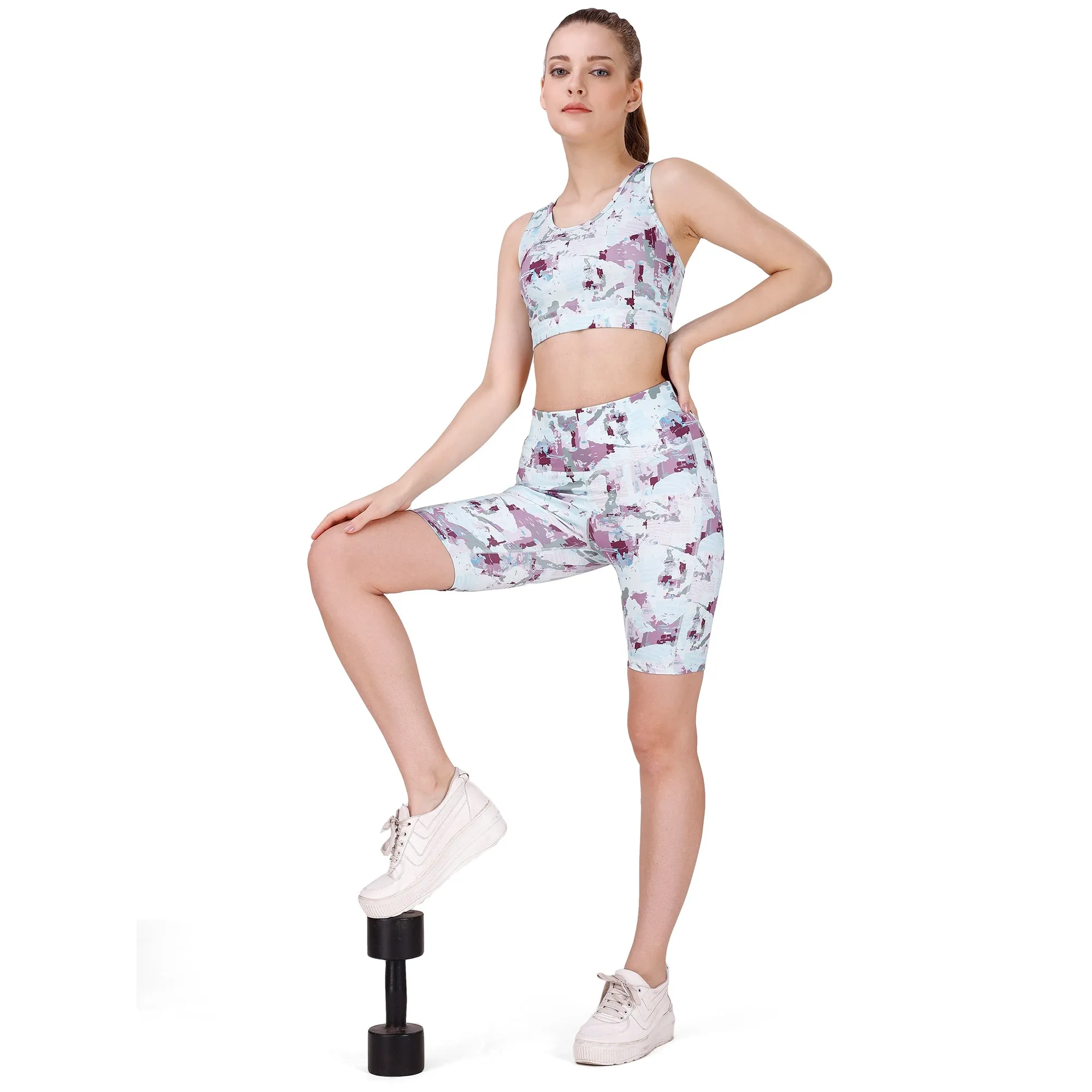 High Waist Knee Length Printed Sports Shorts With Pocket