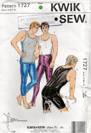 Kwik Sew 1727 Mens Stretch Lycra Tank Tops Bike Shorts Stirrup Pants Activewear 1980s Vintage Sewing Pattern Size S-XL UNCUT Factory Folded