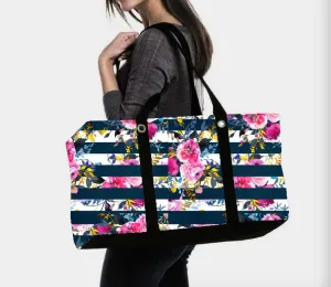 Large Utility Tote Blue Stripped Floral