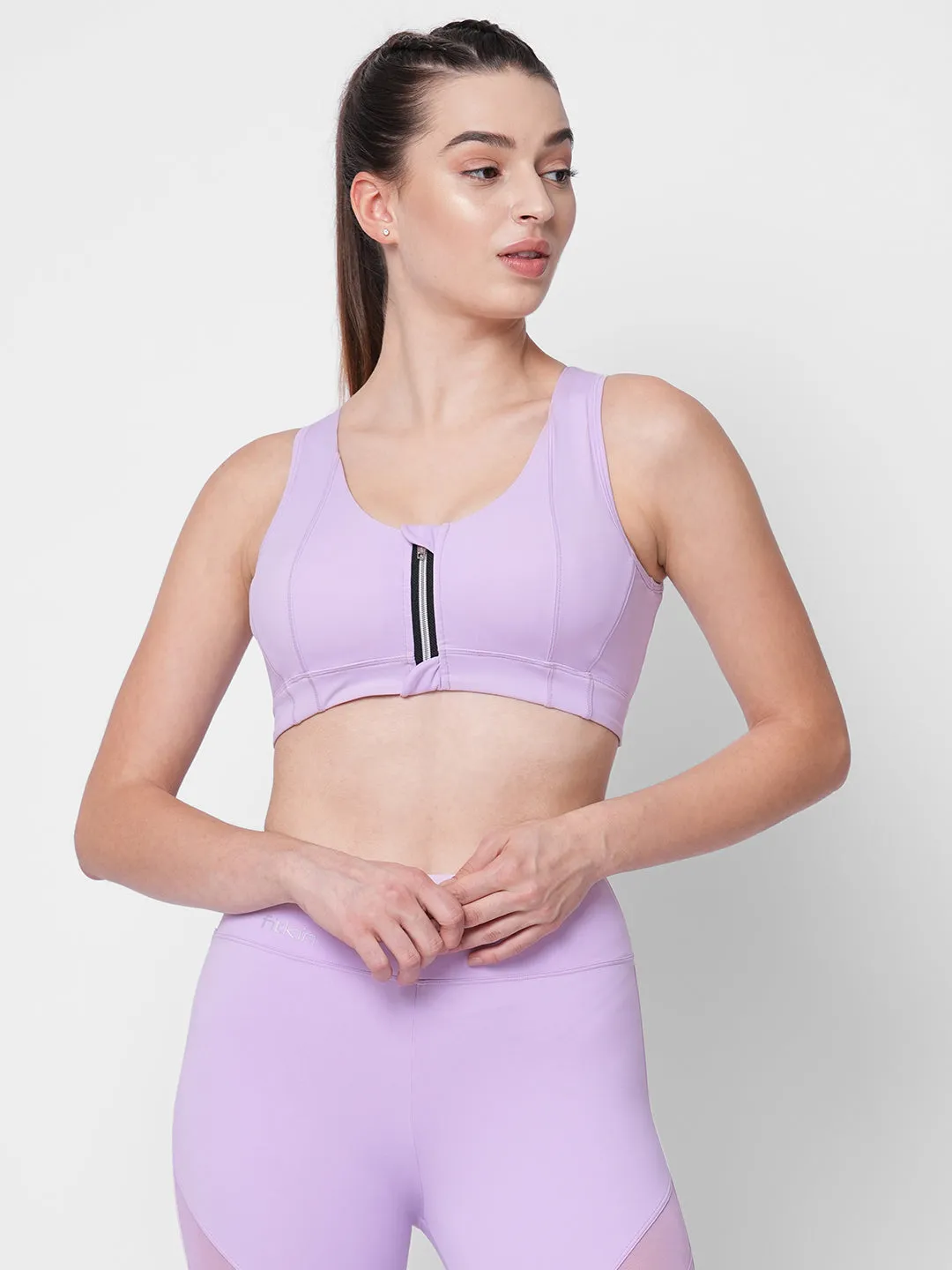 Lavender Front zipper sports bra