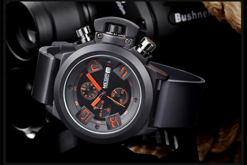 Megir Multifunctional Sports Silicone Band 3D Engraved Dial Quartz Watch For Men MG2002
