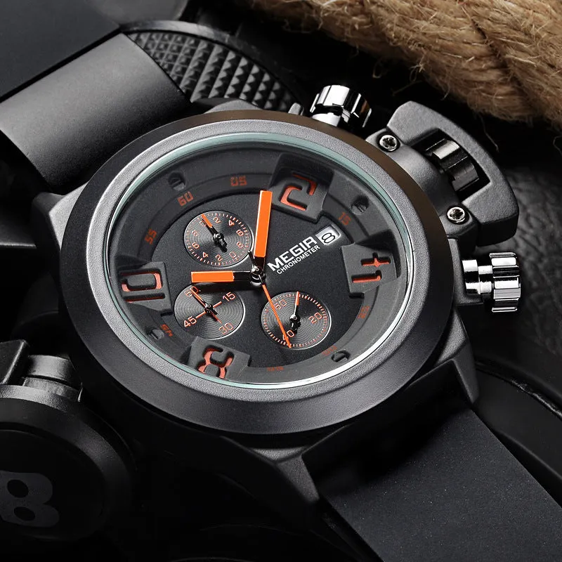 Megir Multifunctional Sports Silicone Band 3D Engraved Dial Quartz Watch For Men MG2002