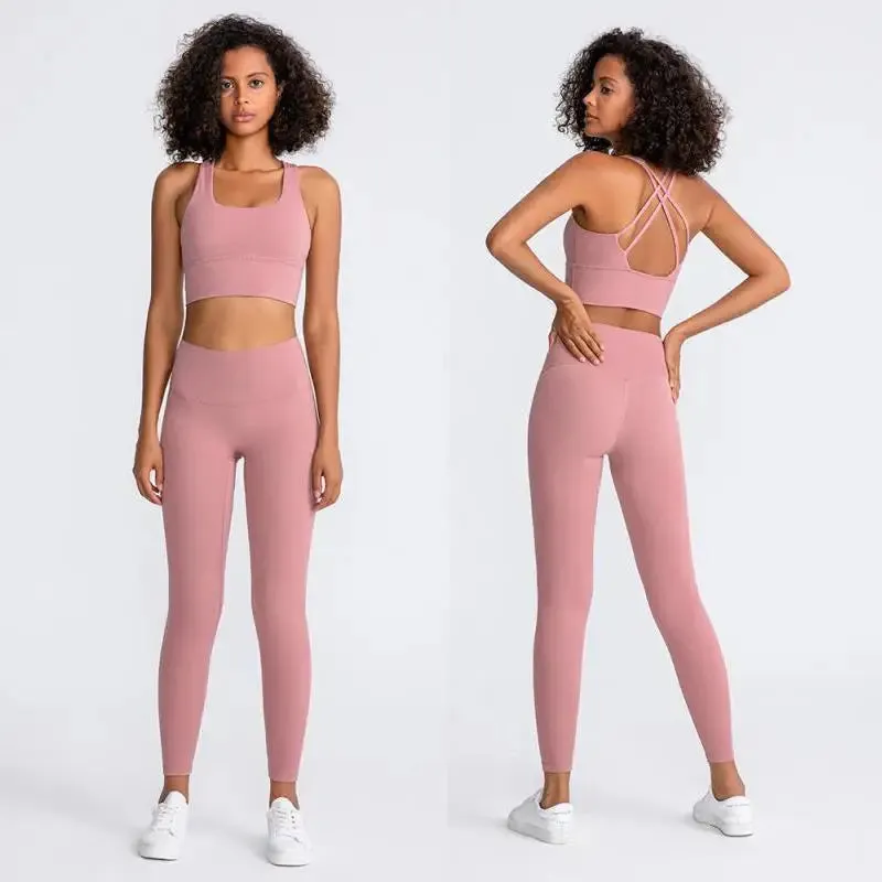 Naked Feel Yoga Set Women - Fitness Sportswear 2 Piece Strappy Sports Bra, High Waist Gym Leggings, Workout Outfit Active Wear