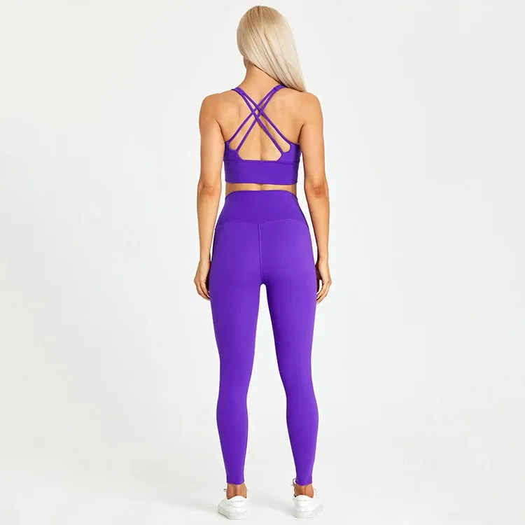 Naked Feel Yoga Set Women - Fitness Sportswear 2 Piece Strappy Sports Bra, High Waist Gym Leggings, Workout Outfit Active Wear