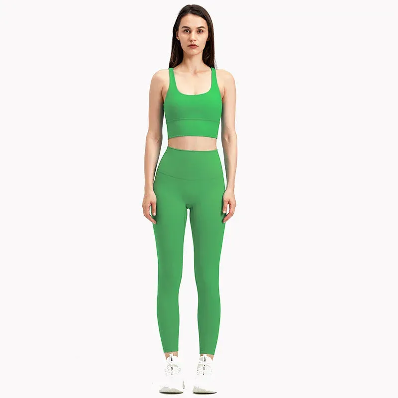 Naked Feel Yoga Set Women - Fitness Sportswear 2 Piece Strappy Sports Bra, High Waist Gym Leggings, Workout Outfit Active Wear