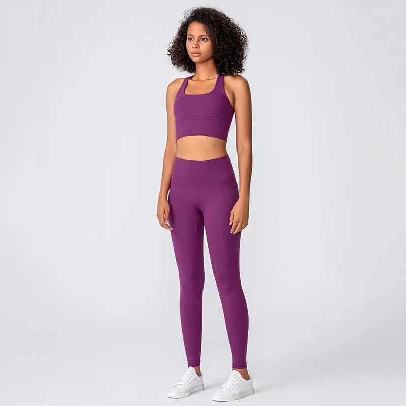 Naked Feel Yoga Set Women - Fitness Sportswear 2 Piece Strappy Sports Bra, High Waist Gym Leggings, Workout Outfit Active Wear