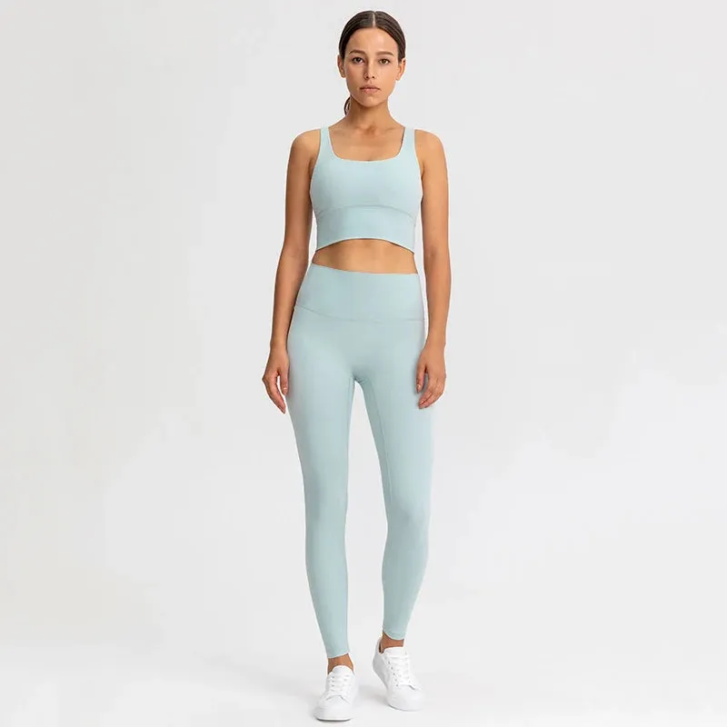 Naked Feel Yoga Set Women - Fitness Sportswear 2 Piece Strappy Sports Bra, High Waist Gym Leggings, Workout Outfit Active Wear