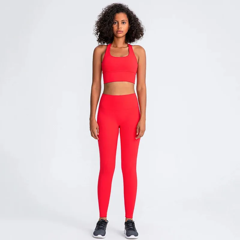 Naked Feel Yoga Set Women - Fitness Sportswear 2 Piece Strappy Sports Bra, High Waist Gym Leggings, Workout Outfit Active Wear