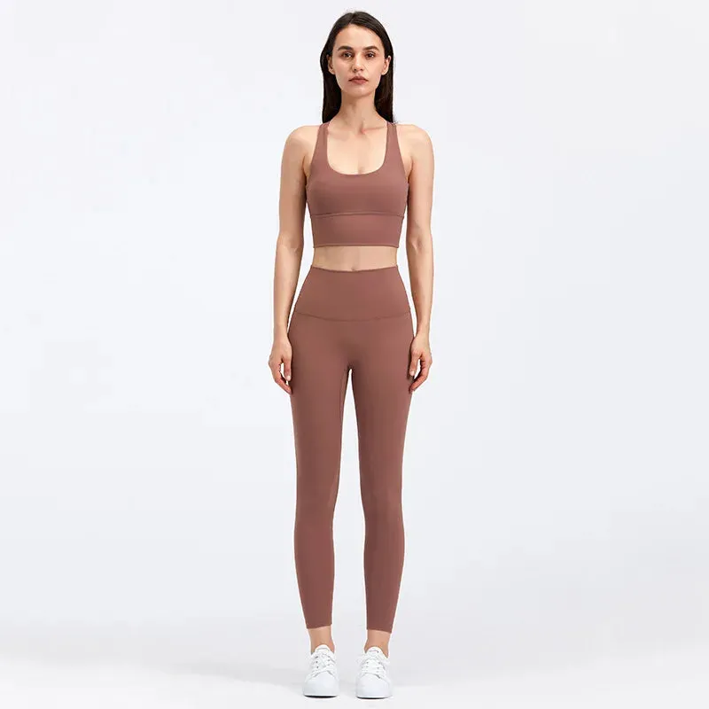 Naked Feel Yoga Set Women - Fitness Sportswear 2 Piece Strappy Sports Bra, High Waist Gym Leggings, Workout Outfit Active Wear