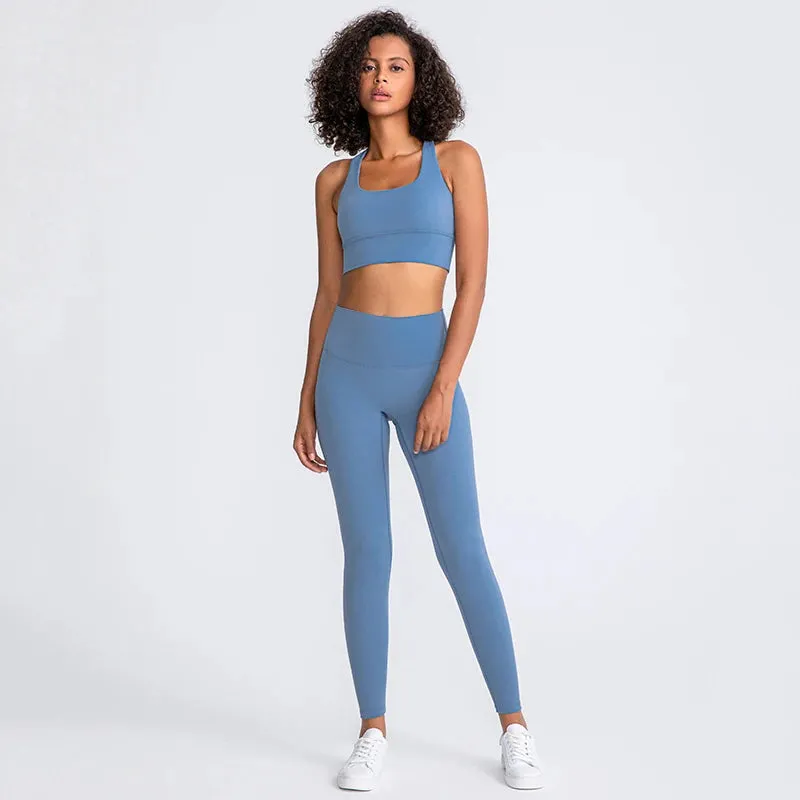 Naked Feel Yoga Set Women - Fitness Sportswear 2 Piece Strappy Sports Bra, High Waist Gym Leggings, Workout Outfit Active Wear