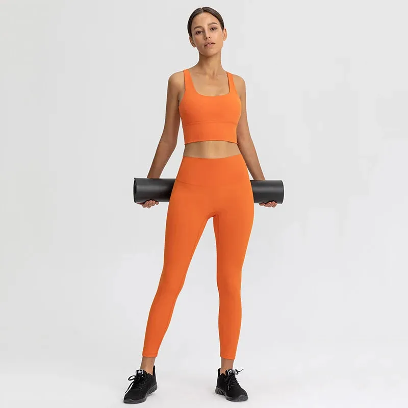 Naked Feel Yoga Set Women - Fitness Sportswear 2 Piece Strappy Sports Bra, High Waist Gym Leggings, Workout Outfit Active Wear