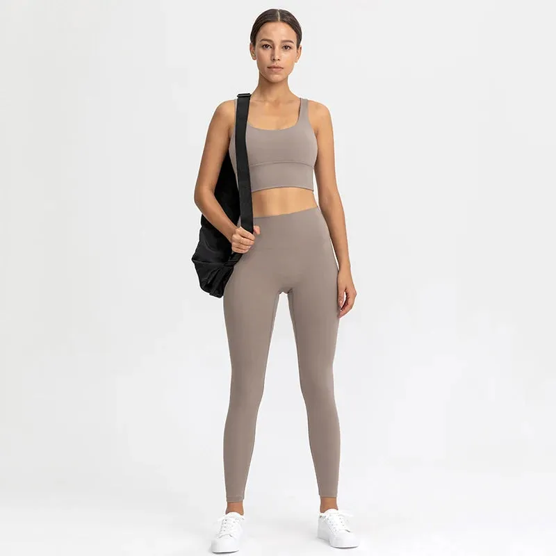 Naked Feel Yoga Set Women - Fitness Sportswear 2 Piece Strappy Sports Bra, High Waist Gym Leggings, Workout Outfit Active Wear