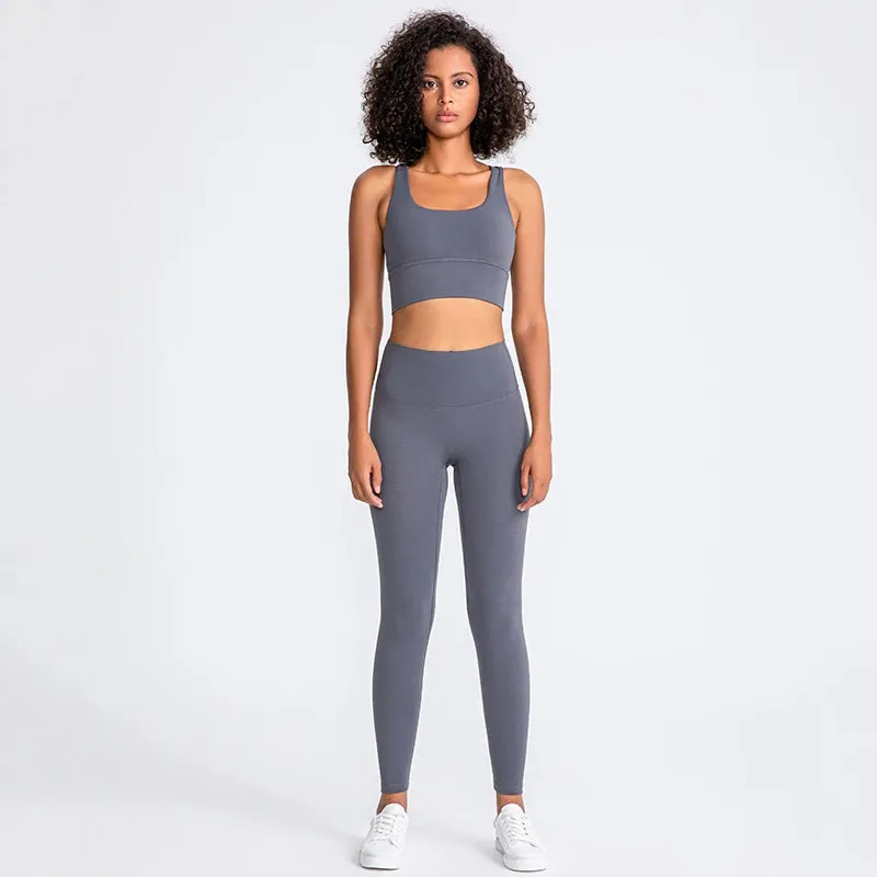 Naked Feel Yoga Set Women - Fitness Sportswear 2 Piece Strappy Sports Bra, High Waist Gym Leggings, Workout Outfit Active Wear