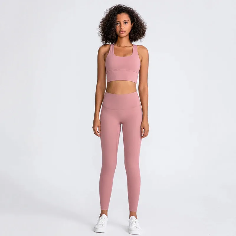 Naked Feel Yoga Set Women - Fitness Sportswear 2 Piece Strappy Sports Bra, High Waist Gym Leggings, Workout Outfit Active Wear