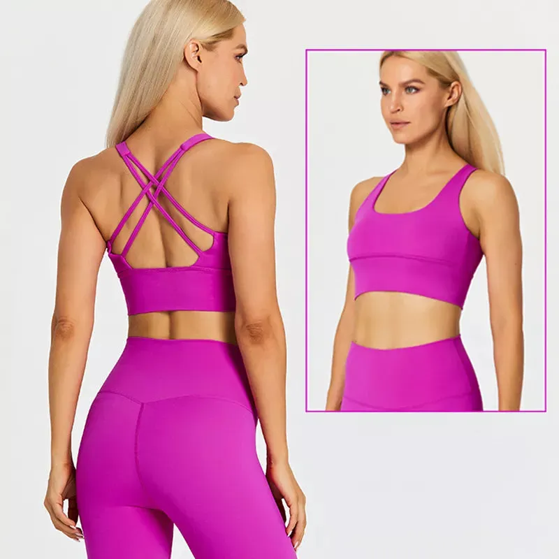 Naked Feel Yoga Set Women - Fitness Sportswear 2 Piece Strappy Sports Bra, High Waist Gym Leggings, Workout Outfit Active Wear