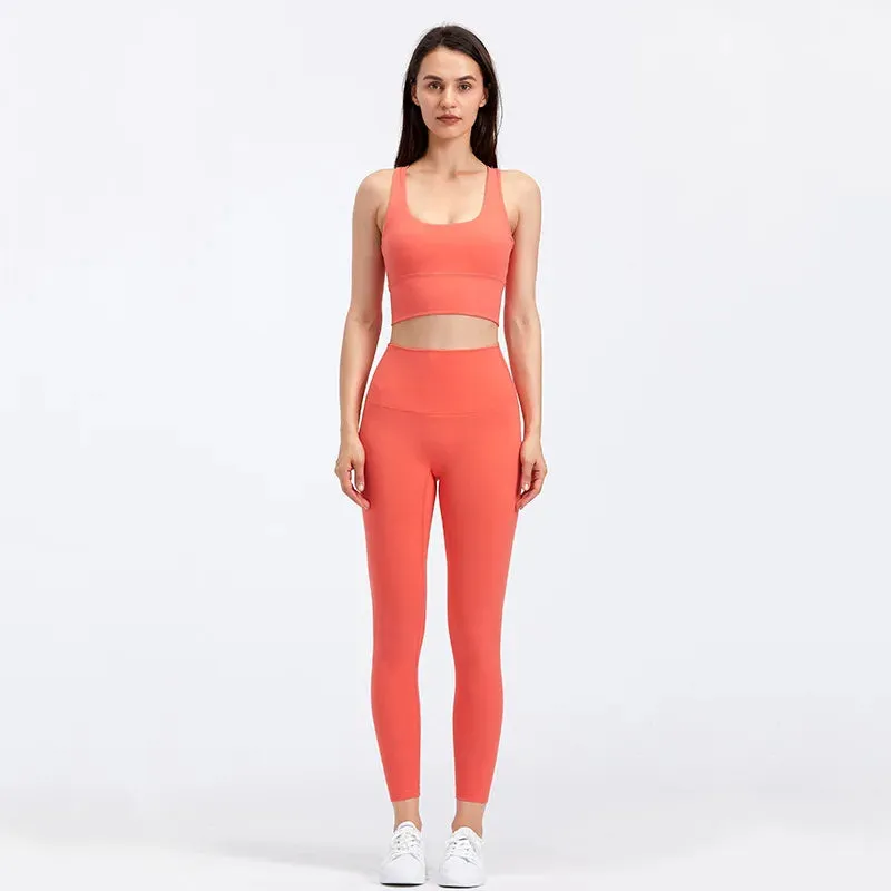 Naked Feel Yoga Set Women - Fitness Sportswear 2 Piece Strappy Sports Bra, High Waist Gym Leggings, Workout Outfit Active Wear