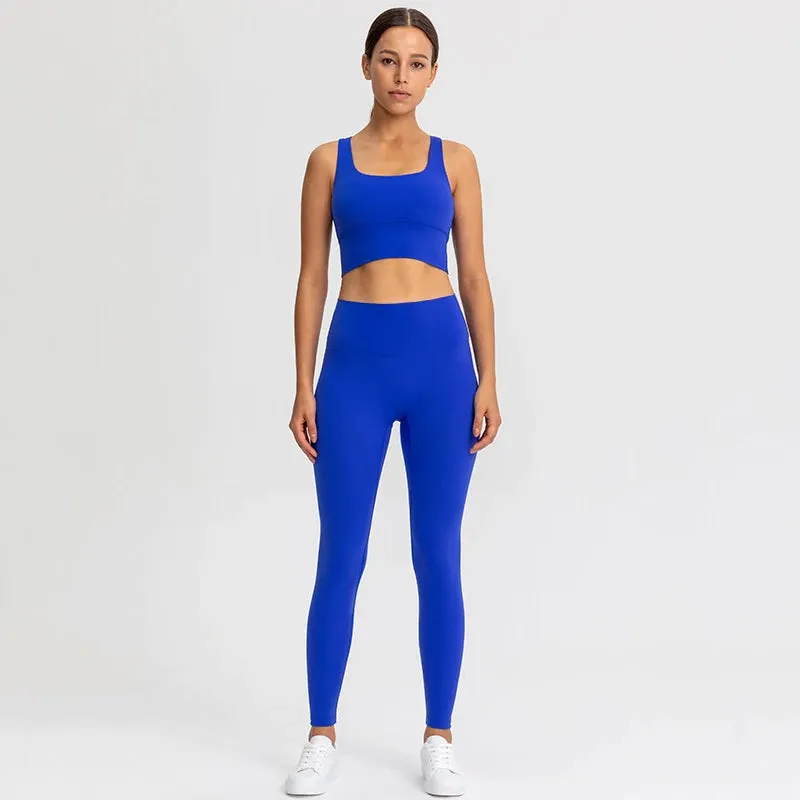 Naked Feel Yoga Set Women - Fitness Sportswear 2 Piece Strappy Sports Bra, High Waist Gym Leggings, Workout Outfit Active Wear