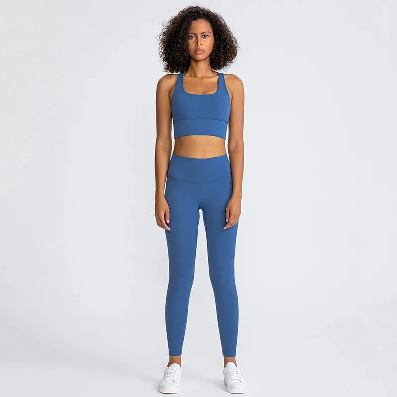 Naked Feel Yoga Set Women - Fitness Sportswear 2 Piece Strappy Sports Bra, High Waist Gym Leggings, Workout Outfit Active Wear