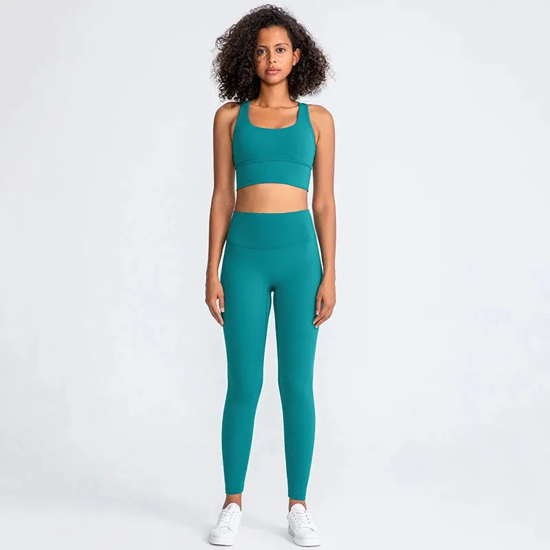 Naked Feel Yoga Set Women - Fitness Sportswear 2 Piece Strappy Sports Bra, High Waist Gym Leggings, Workout Outfit Active Wear