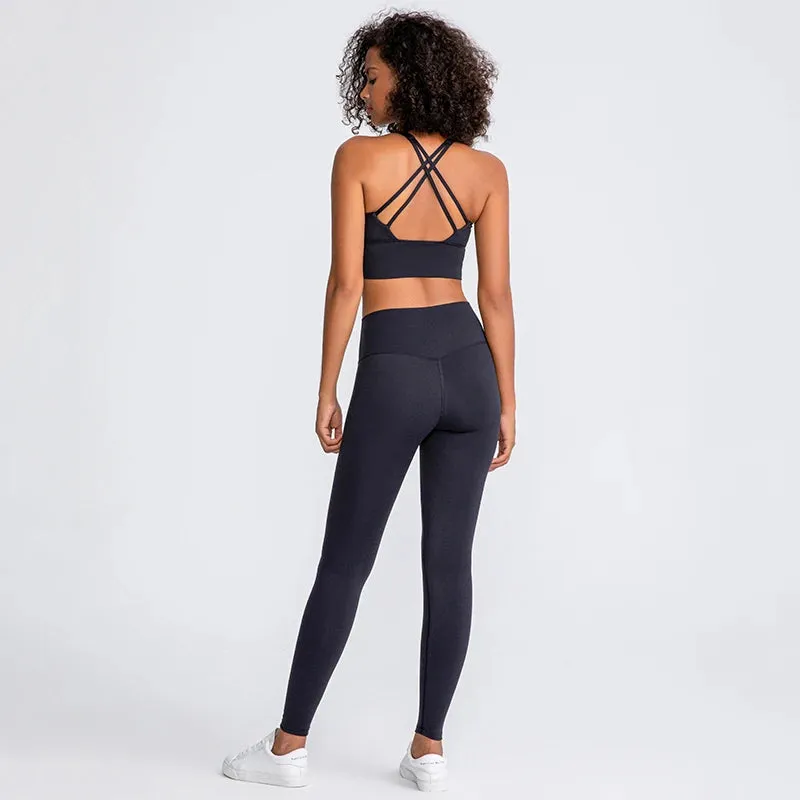 Naked Feel Yoga Set Women - Fitness Sportswear 2 Piece Strappy Sports Bra, High Waist Gym Leggings, Workout Outfit Active Wear