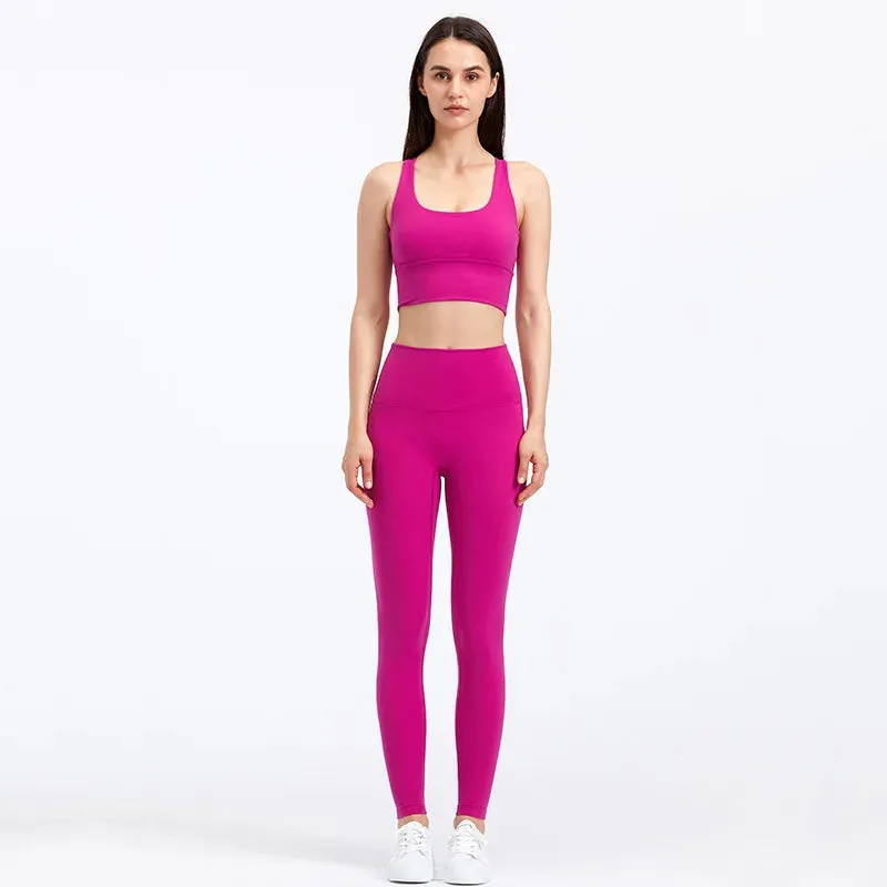 Naked Feel Yoga Set Women - Fitness Sportswear 2 Piece Strappy Sports Bra, High Waist Gym Leggings, Workout Outfit Active Wear