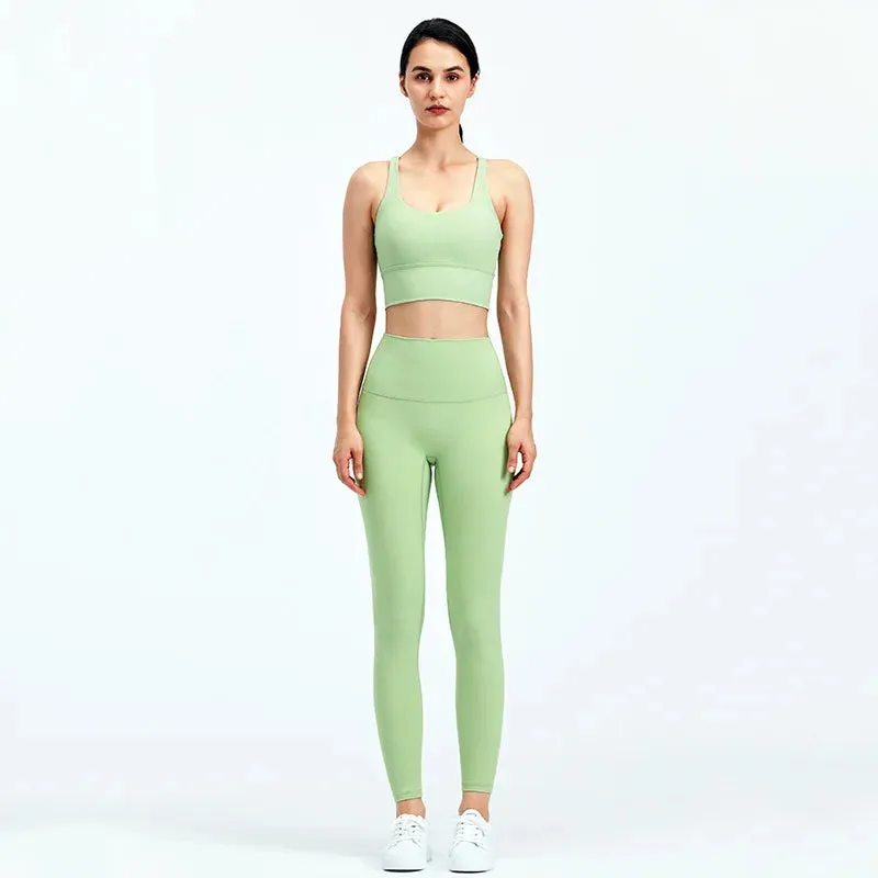 Naked Feel Yoga Set Women - Fitness Sportswear 2 Piece Strappy Sports Bra, High Waist Gym Leggings, Workout Outfit Active Wear