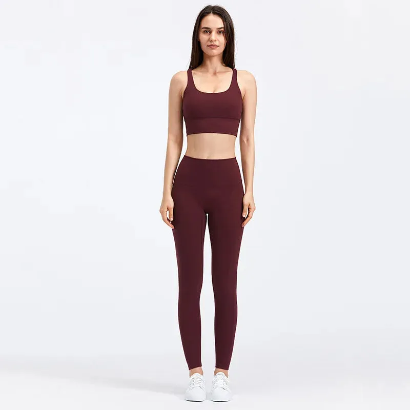 Naked Feel Yoga Set Women - Fitness Sportswear 2 Piece Strappy Sports Bra, High Waist Gym Leggings, Workout Outfit Active Wear