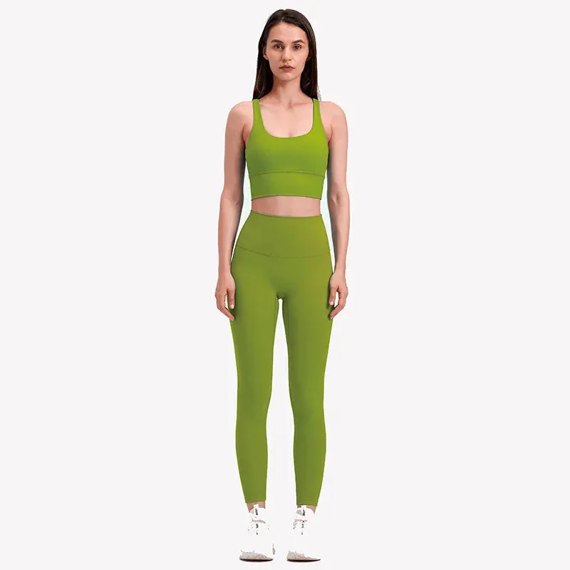 Naked Feel Yoga Set Women - Fitness Sportswear 2 Piece Strappy Sports Bra, High Waist Gym Leggings, Workout Outfit Active Wear