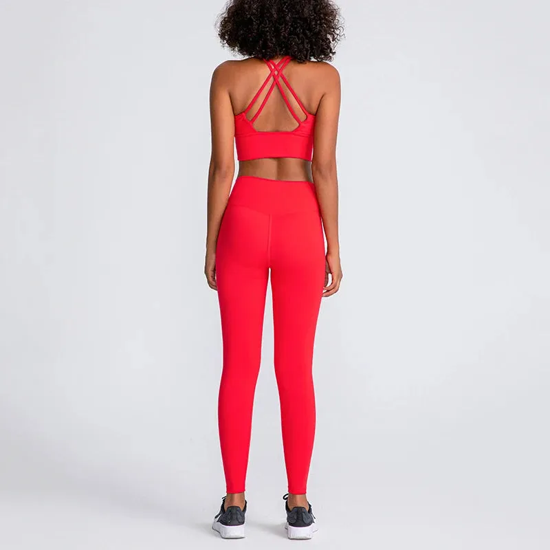 Naked Feel Yoga Set Women - Fitness Sportswear 2 Piece Strappy Sports Bra, High Waist Gym Leggings, Workout Outfit Active Wear