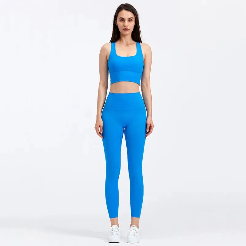 Naked Feel Yoga Set Women - Fitness Sportswear 2 Piece Strappy Sports Bra, High Waist Gym Leggings, Workout Outfit Active Wear