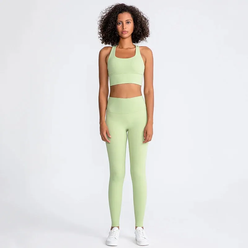 Naked Feel Yoga Set Women - Fitness Sportswear 2 Piece Strappy Sports Bra, High Waist Gym Leggings, Workout Outfit Active Wear