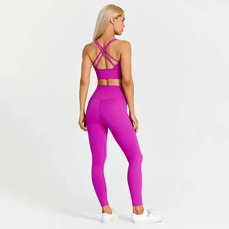 Naked Feel Yoga Set Women - Fitness Sportswear 2 Piece Strappy Sports Bra, High Waist Gym Leggings, Workout Outfit Active Wear