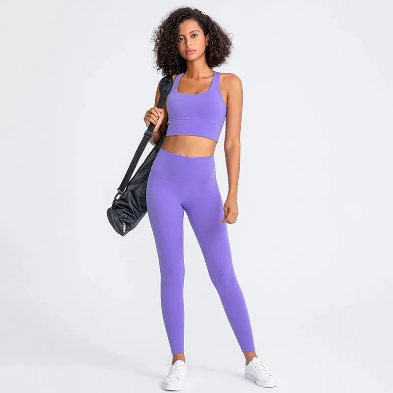 Naked Feel Yoga Set Women - Fitness Sportswear 2 Piece Strappy Sports Bra, High Waist Gym Leggings, Workout Outfit Active Wear