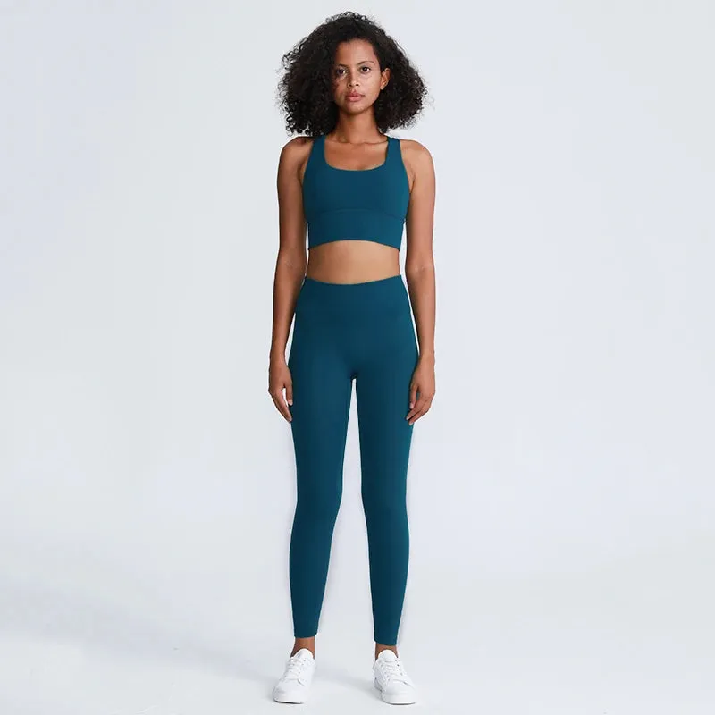 Naked Feel Yoga Set Women - Fitness Sportswear 2 Piece Strappy Sports Bra, High Waist Gym Leggings, Workout Outfit Active Wear