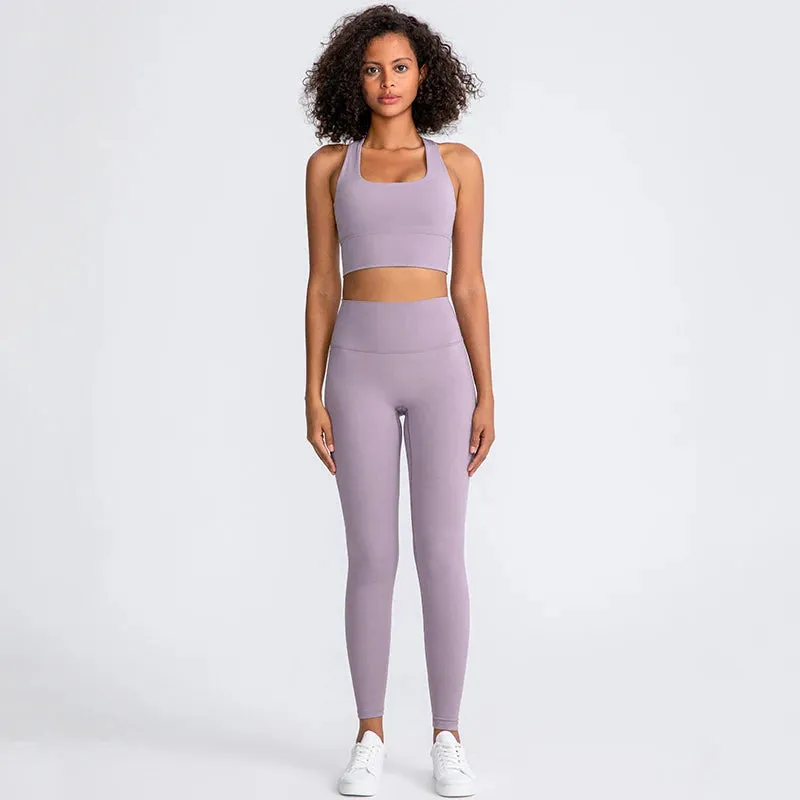 Naked Feel Yoga Set Women - Fitness Sportswear 2 Piece Strappy Sports Bra, High Waist Gym Leggings, Workout Outfit Active Wear