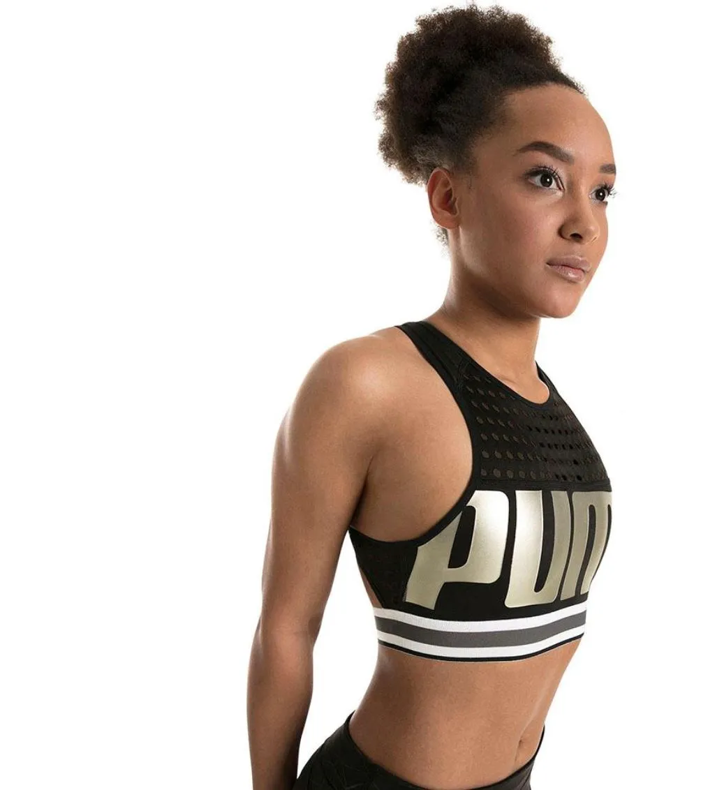 Puma Womens Sports Bra Crop Top Black & Gold Size Small