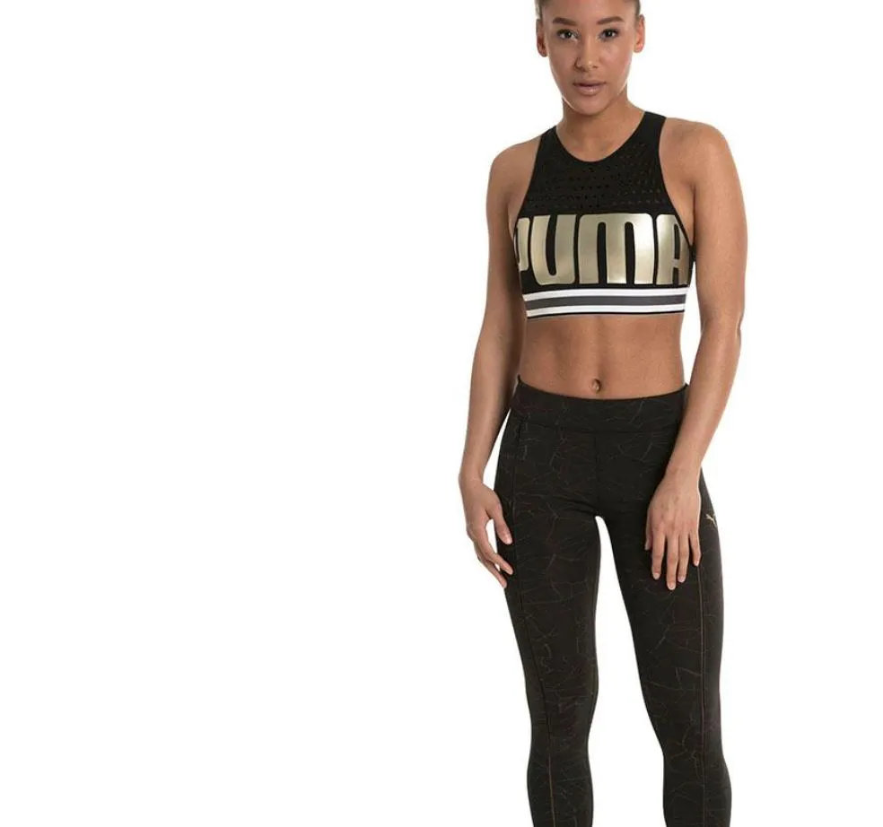 Puma Womens Sports Bra Crop Top Black & Gold Size Small
