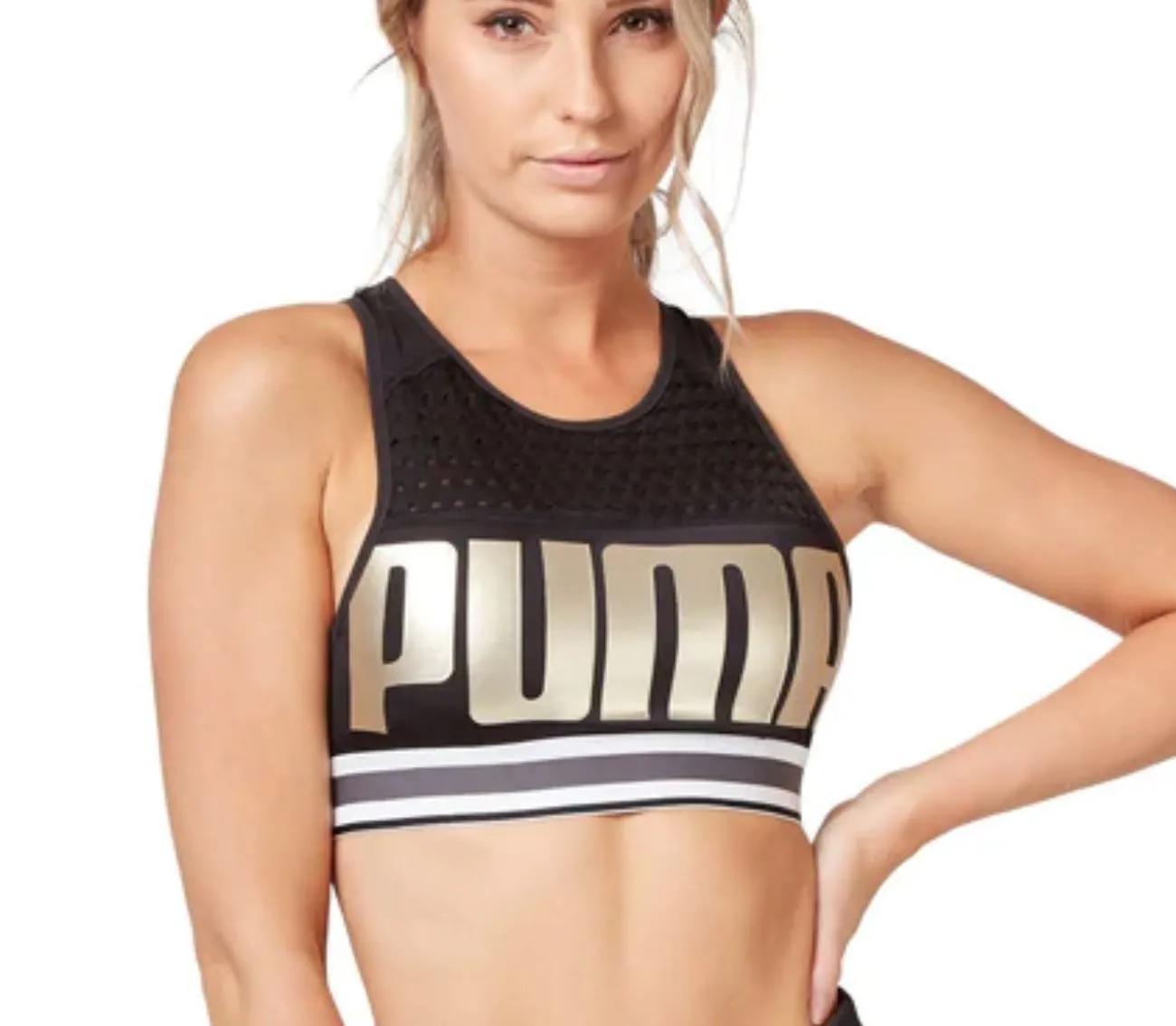 Puma Womens Sports Bra Crop Top Black & Gold Size Small