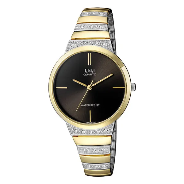 Q&Q Two-Tone Stainless Steel Black Dial Quartz Watch for Ladies - F553J402